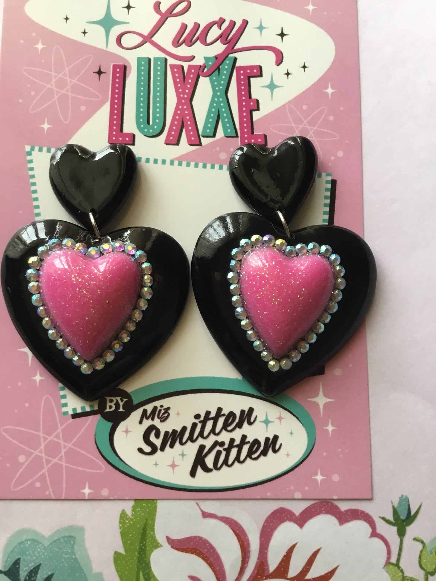 ELIZABETH - Double heart earrings - black / hot pink