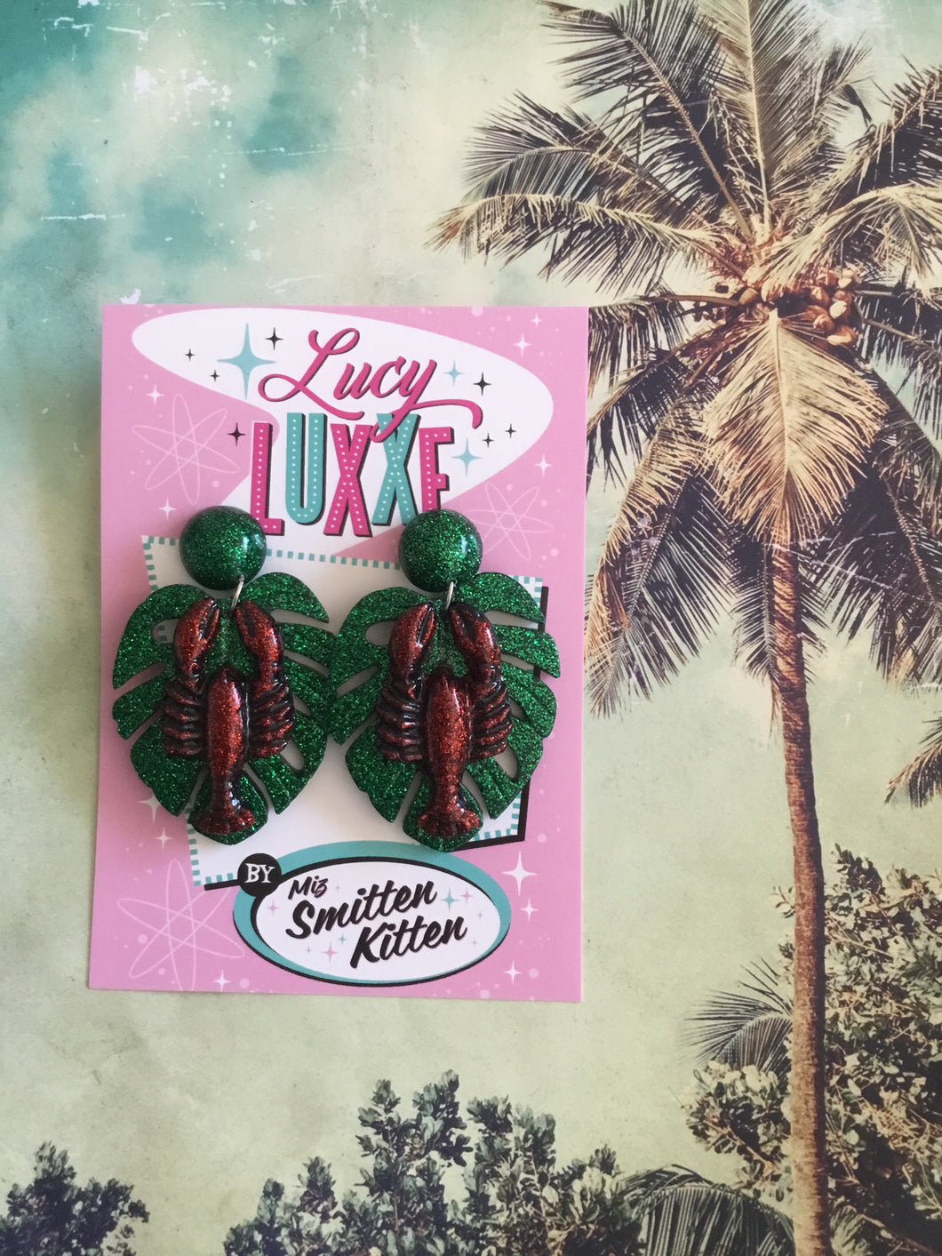 TIKI style -🦞 Lobster and monstera leaf earrings