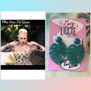 MISS KATE tiki queen - monstera leaf earrings - Teal