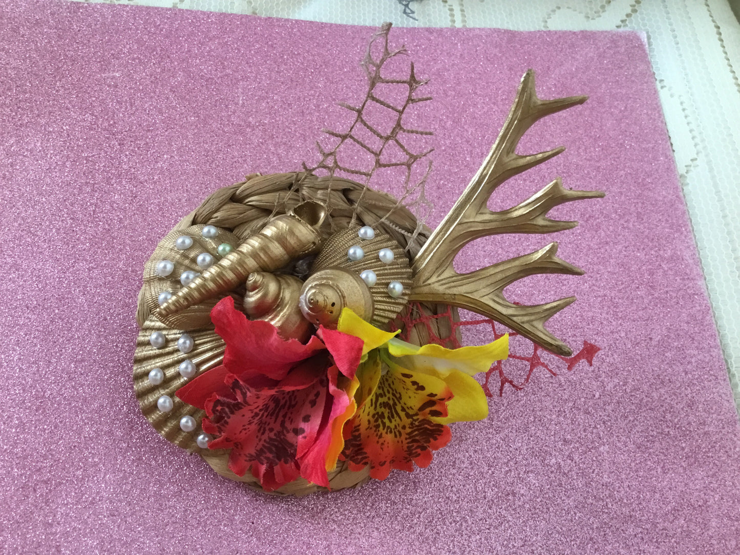 MERMAID COVE - bespoke shell cluster fascinator - red / yellow orchids