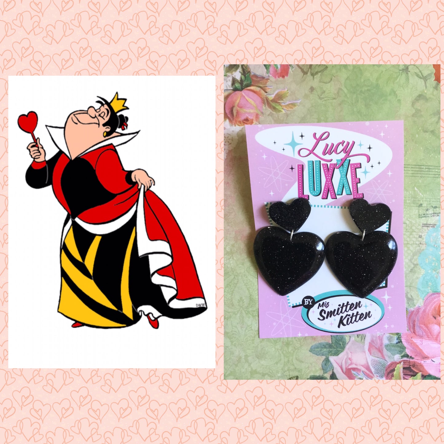 QUEEN OF HEARTS - glitter heart earrings - Black