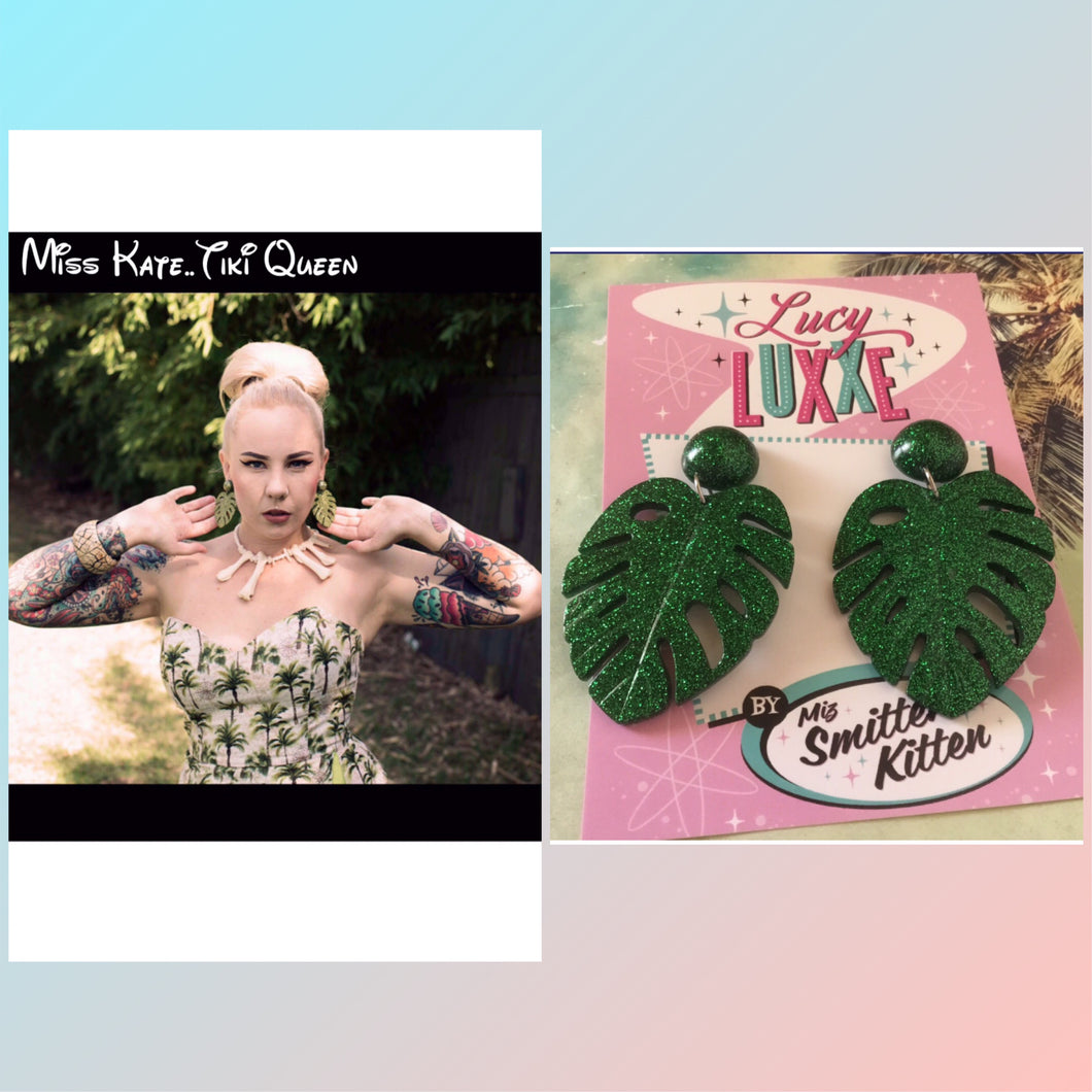 MISS KATE tiki queen - monstera leaf earrings - Green glitter