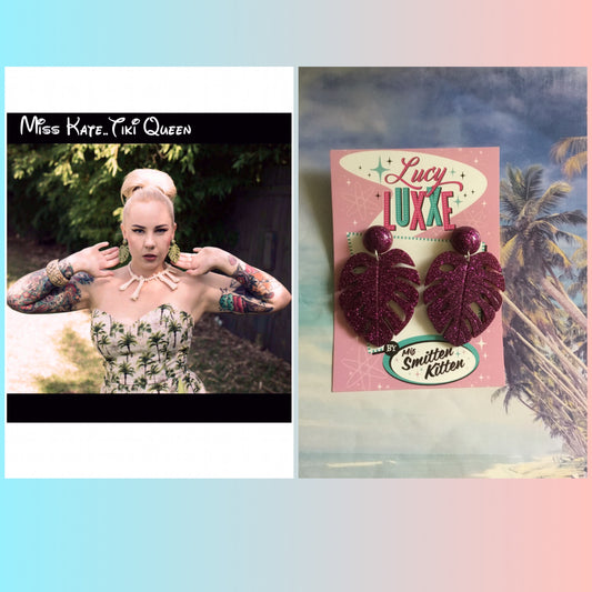 MISS KATE tiki queen - monstera leaf earrings - Purple glitter