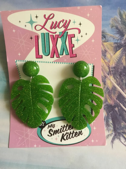 MISS KATE tiki queen - monstera leaf earrings - Lime green