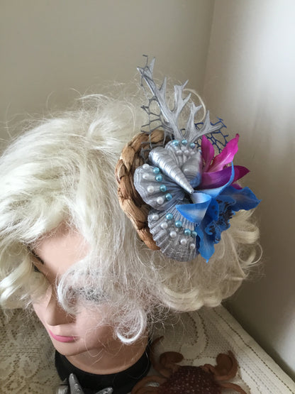 MERMAID COVE - bespoke shell cluster fascinator - blue / purple orchids