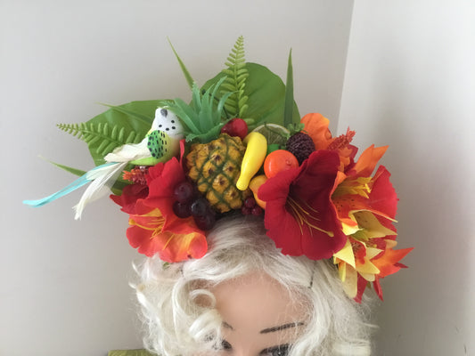 ALISSA - Beautiful tropical flowercrown ,with a gorgeous removable budgie bird