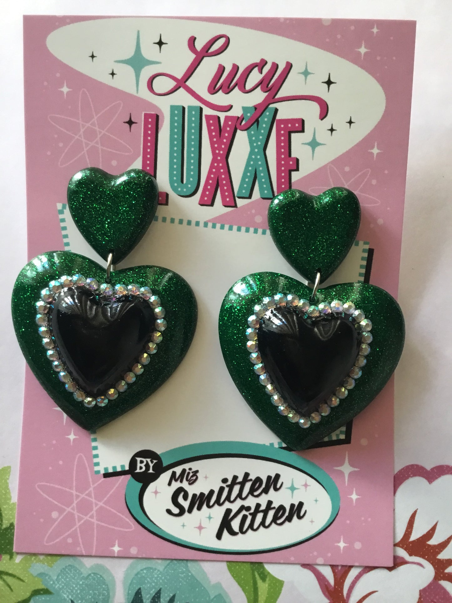 ELIZABETH - Double heart earrings - green / black