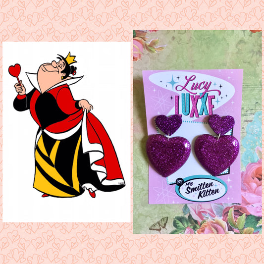 QUEEN OF HEARTS - glitter heart earrings - Purple