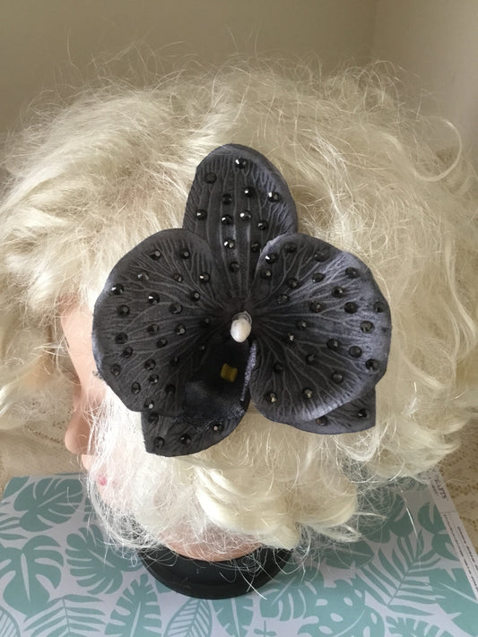 Beautiful AB rhinestone orchid clip - slate grey