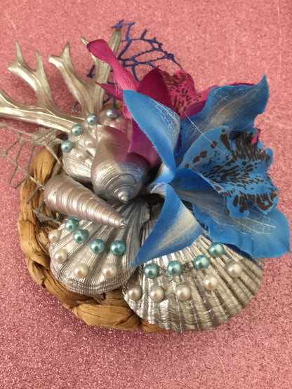 MERMAID COVE - bespoke shell cluster fascinator - blue / purple orchids