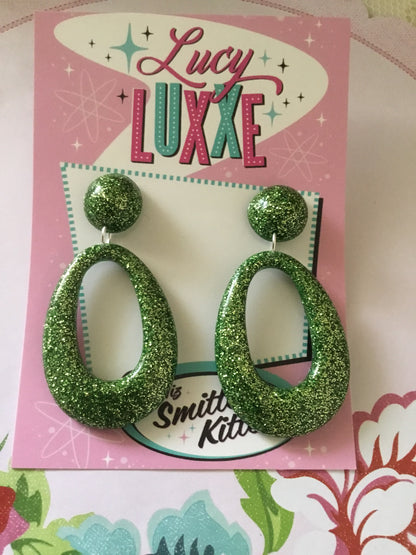 BIG BETTY - green / gold glitter hoops