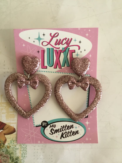 LUCILLE - love yourself heart earrings / bow - Pink