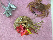 Load image into Gallery viewer, MERMAID COVE - bespoke shell cluster fascinator - red / yellow orchids

