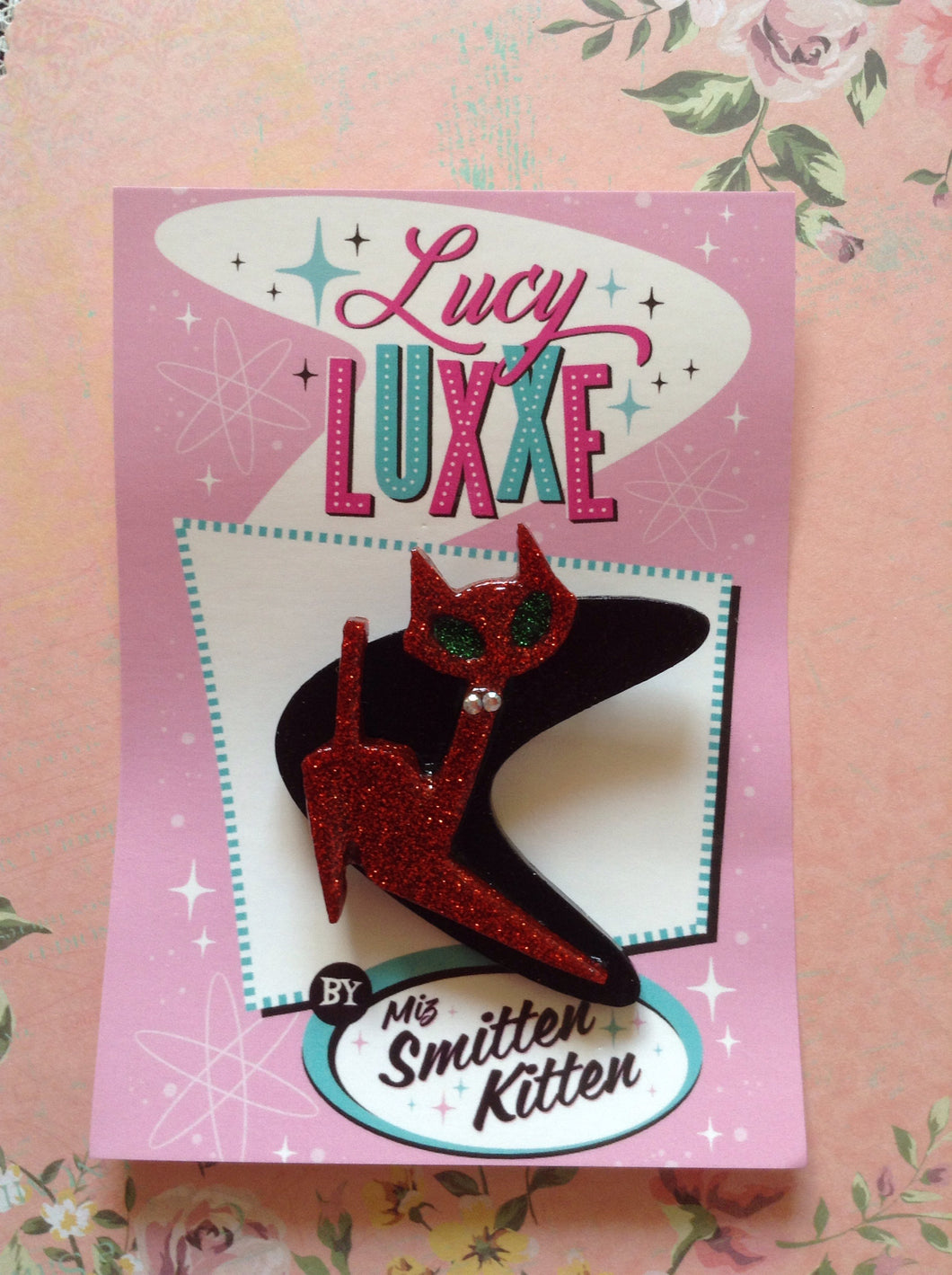 PRETTY KITTY - atomic cat brooch - Red