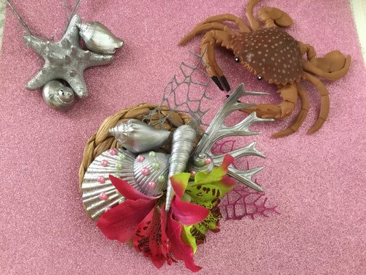 MERMAID COVE - bespoke shell cluster fascinator - hot pink / green orchids