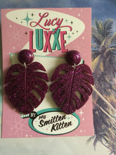 Load image into Gallery viewer, MISS KATE tiki queen - monstera leaf earrings - Purple glitter
