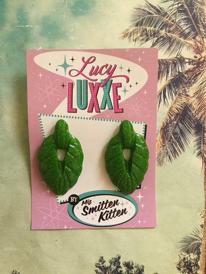 TEIA - tiki lounge earrings - Lime green glitter