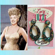 Load image into Gallery viewer, BIG BETTY - black confetti lucite hoops
