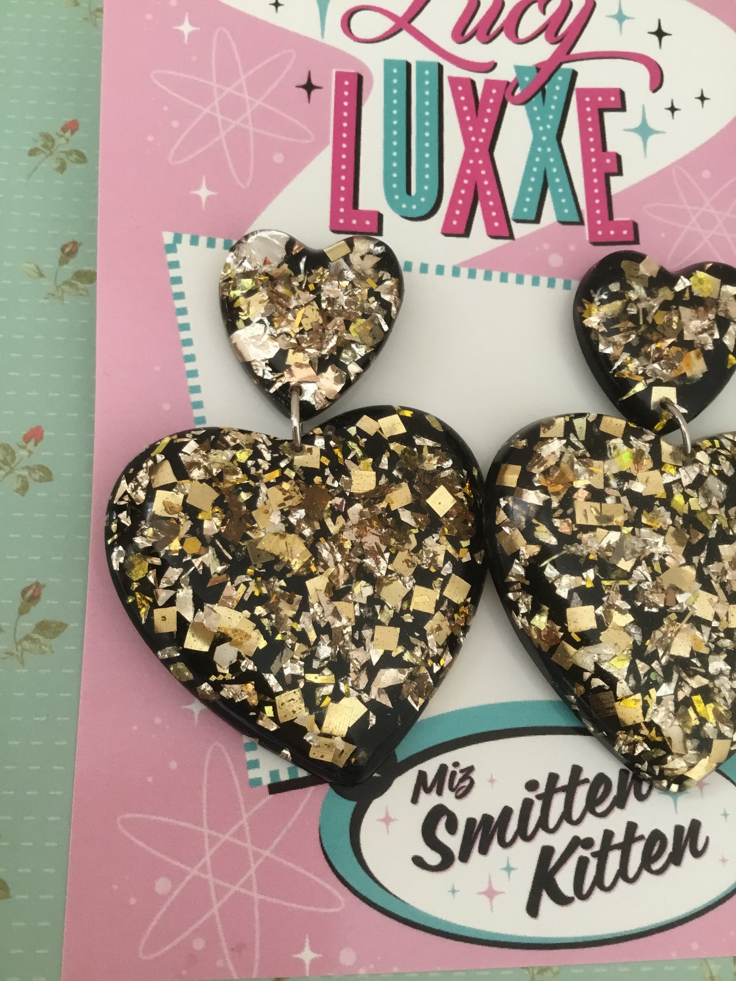 JAYNE - QUEEN OF HEARTS -  gold confetti heart earrings - Black