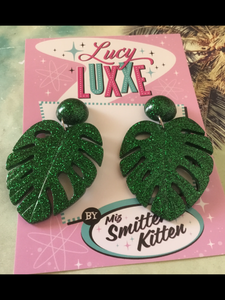 MISS KATE tiki queen - monstera leaf earrings - Green glitter
