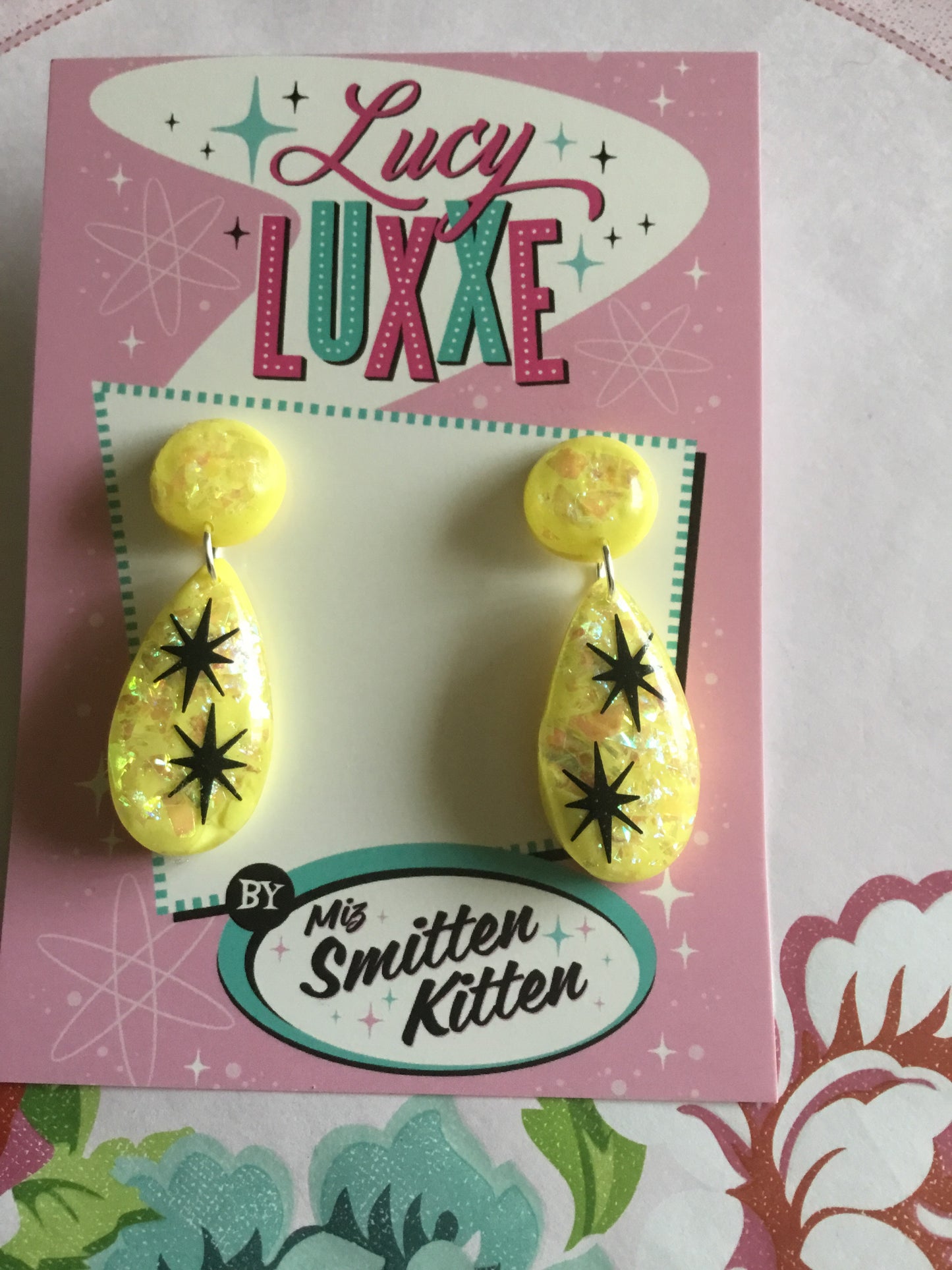 BREE - confetti lucite atomic double starburst earrings - lemon