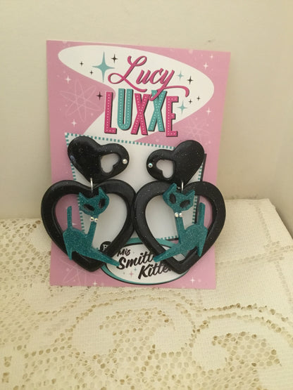 ATOMIC CAT - big  heart earrings - teal