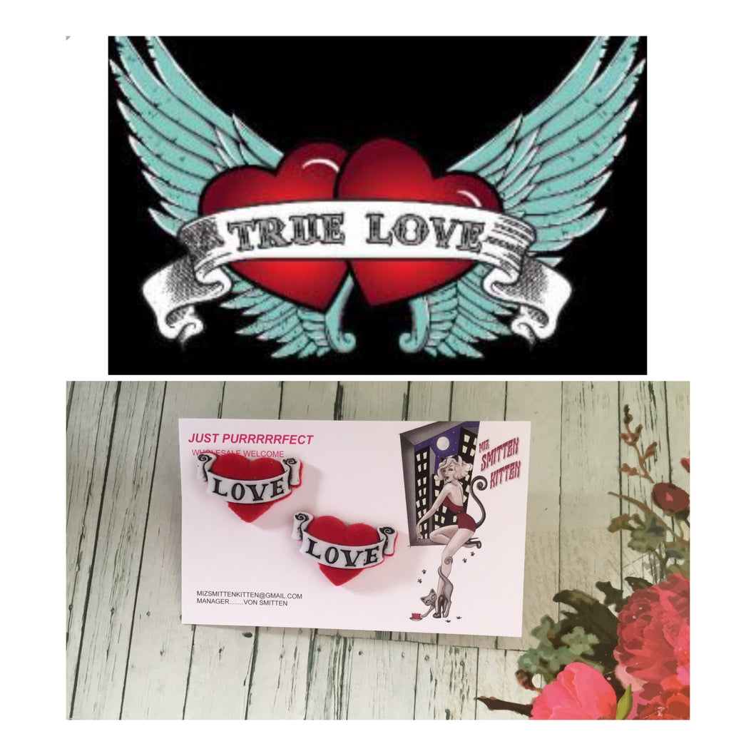 REBEL TRUE LOVE - flocked tattoo banner heart earrings