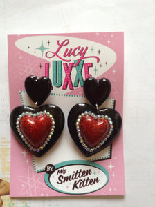 ELIZABETH - Double heart earrings - black / red