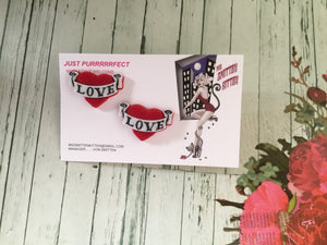 REBEL TRUE LOVE - flocked tattoo banner heart earrings