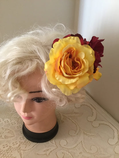 KATIE - large vintage inspired cluster hairflower - Yellow / Red